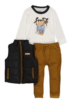 Toddler Boys Fresh Graphic Tee and Joggers with Puffer Vest