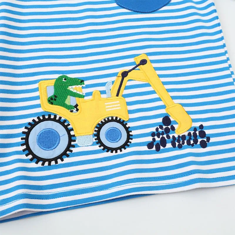 Toddler/Kid Boy Cotton Blue Striped Excavator Long Sleeve Shirt