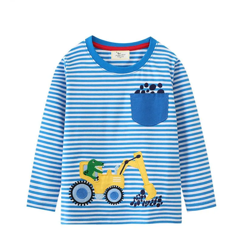 Toddler/Kid Boy Cotton Blue Striped Excavator Long Sleeve Shirt
