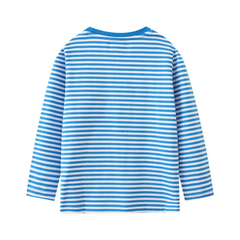 Toddler/Kid Boy Cotton Blue Striped Excavator Long Sleeve Shirt