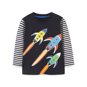 Toddler/Kid Boy's Long Sleeve Cartoon Rockets Print Design T-Shirt