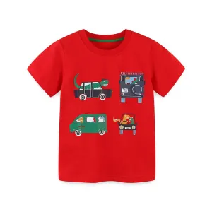 Toddler/Kid Boy's Red Cotton Tee with Vehicle Print Design