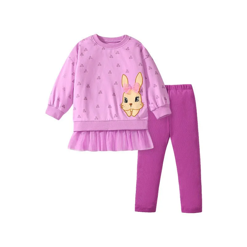 Toddler/Kid Girl's Adorable Bunny Design Purple Sweatshirt with Leggings Set