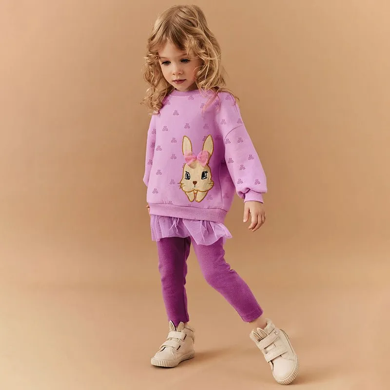 Toddler/Kid Girl's Adorable Bunny Design Purple Sweatshirt with Leggings Set