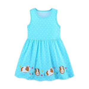 Toddler/Kid Girl's Cartoon Mice Embroidery Design Blue Polka Dot Dress