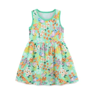 Toddler/Kid Girl's Floral with Butterfly Print Green Sleeveless Dress