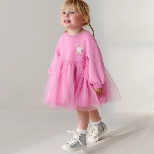 Toddler/Kid Girl's Long Sleeve Adorable Little Bunny Design Pink Dress