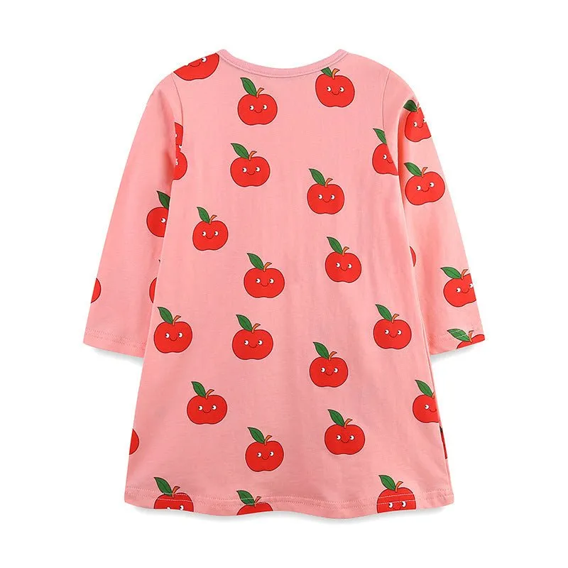 Toddler/Kid Girl's Long Sleeve Cartoon Apples Print Design Pink Dress