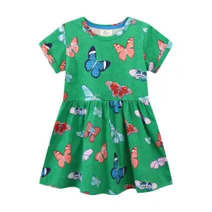 Toddler/Kid Girl's Short Sleeve Butterfly Print Design Green Dress