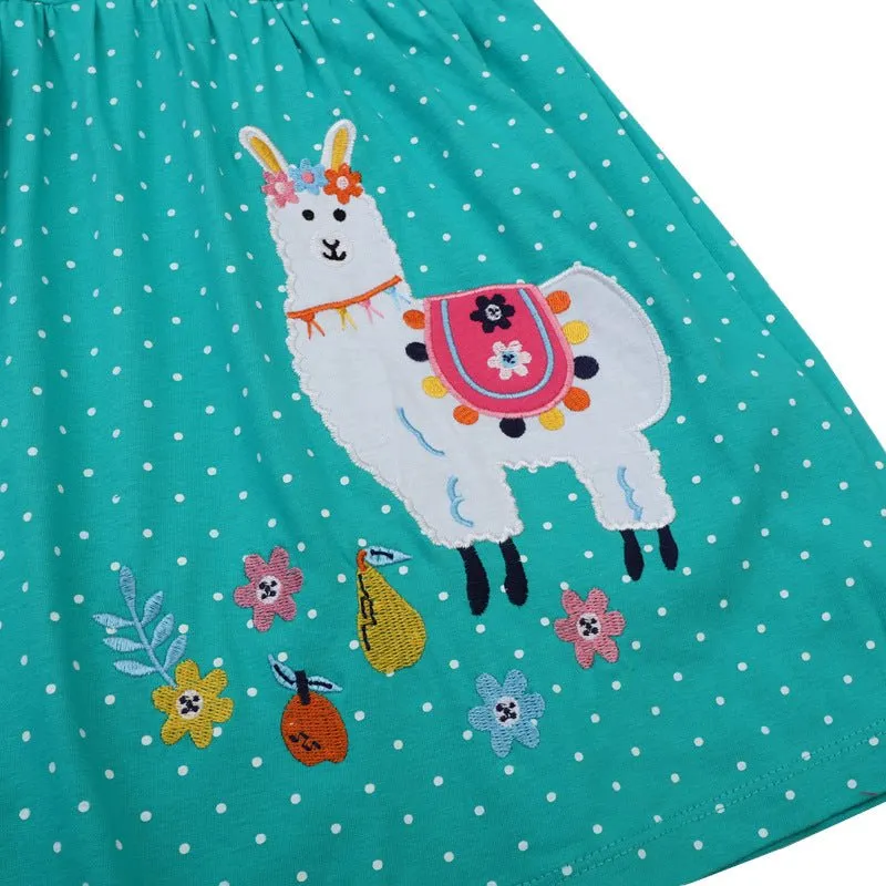 Toddler/Kid Girls Short Sleeve Cartoon Sheep Design Green Dress