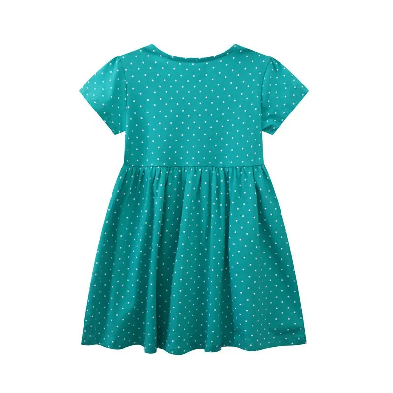 Toddler/Kid Girls Short Sleeve Cartoon Sheep Design Green Dress