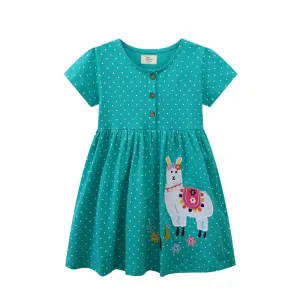 Toddler/Kid Girls Short Sleeve Cartoon Sheep Design Green Dress