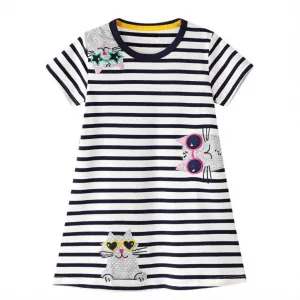 Toddler/Kid Girl's Short Sleeve Cat Design Black And White Striped Dress