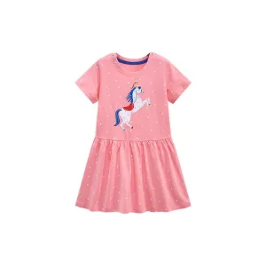Toddler/Kid Girl's Short Sleeve Stars and Unicorn Design Pink Dress