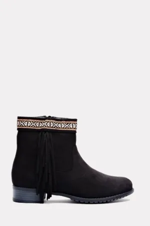 Tokyo Black Suede Aztec Fringe Ankle Boots