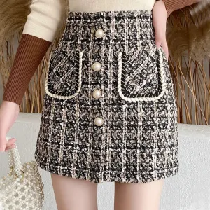 Toleet-Fall Winter Plaid Tweed Skirt Womens Thick Woolen Pearl Button Front Pocket Glitter Mini Skirt Saia Feminina