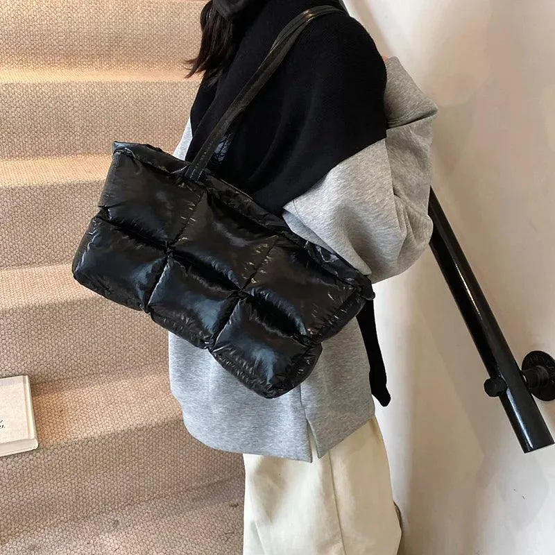 Tote Bags Quilted Plaid Nylon Padded Soft Waterproof Snap Women Shoulder Bags