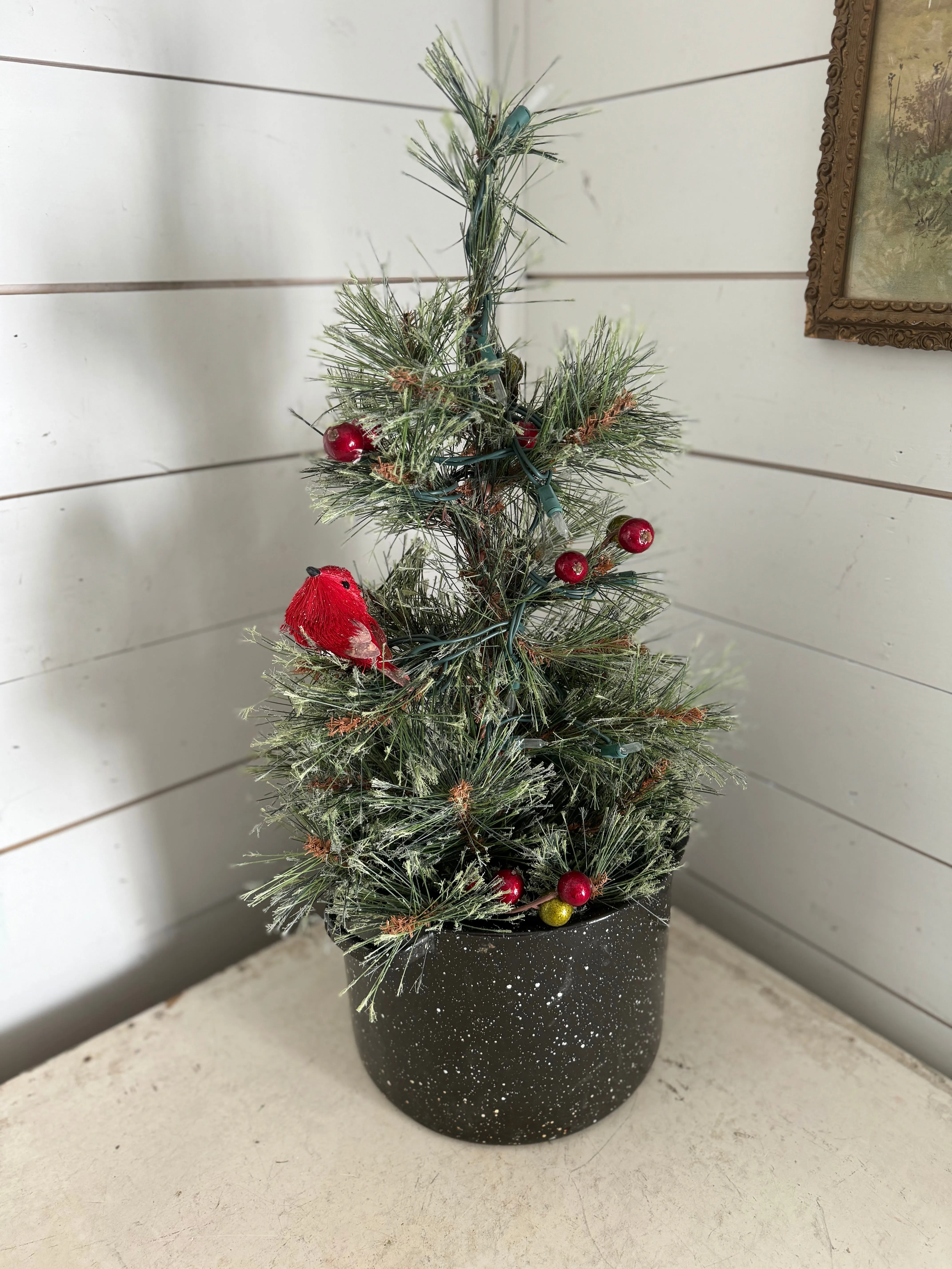 Tree with Lights in vintage Enamel Pot with mini ornaments in box