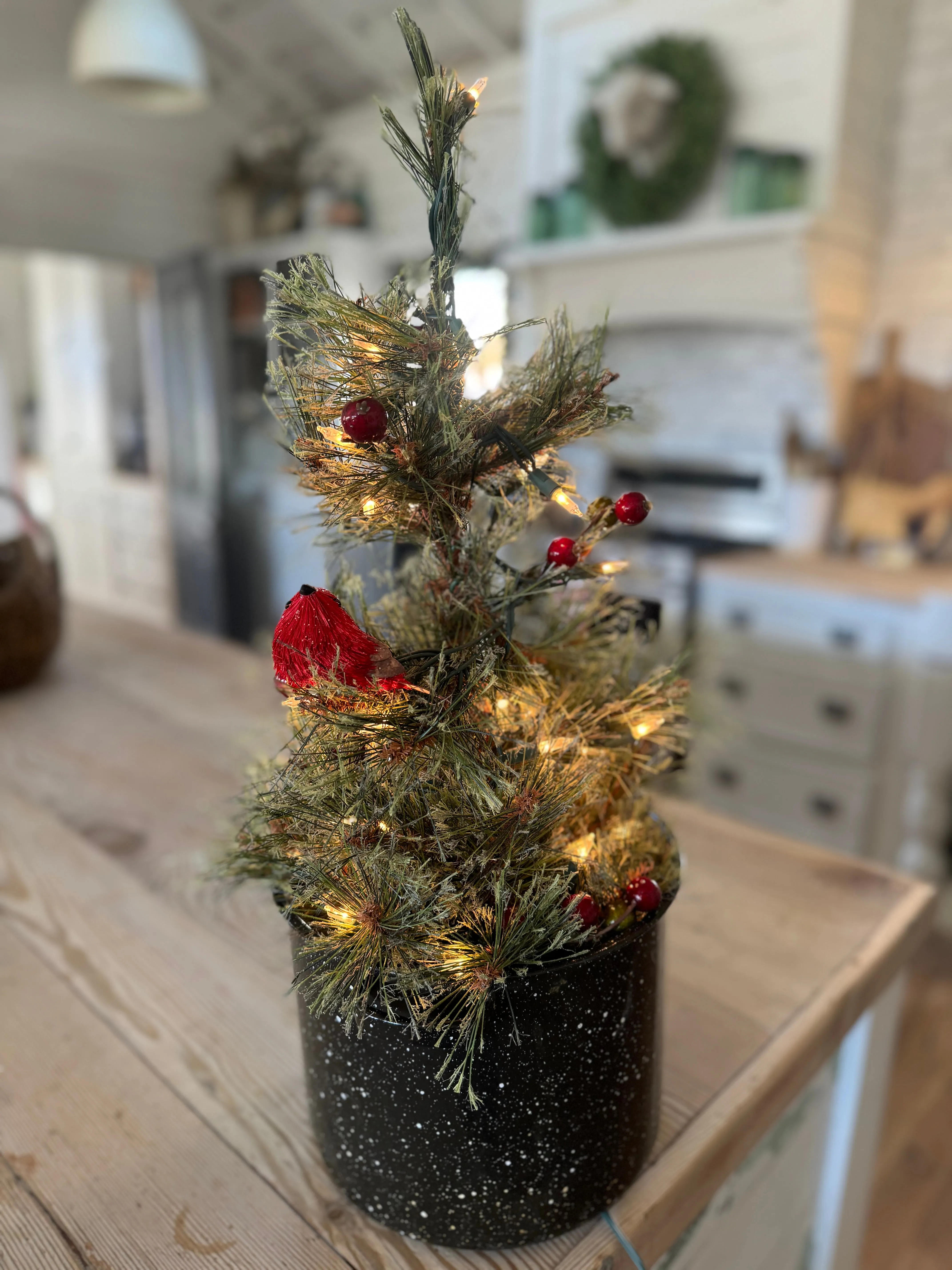 Tree with Lights in vintage Enamel Pot with mini ornaments in box