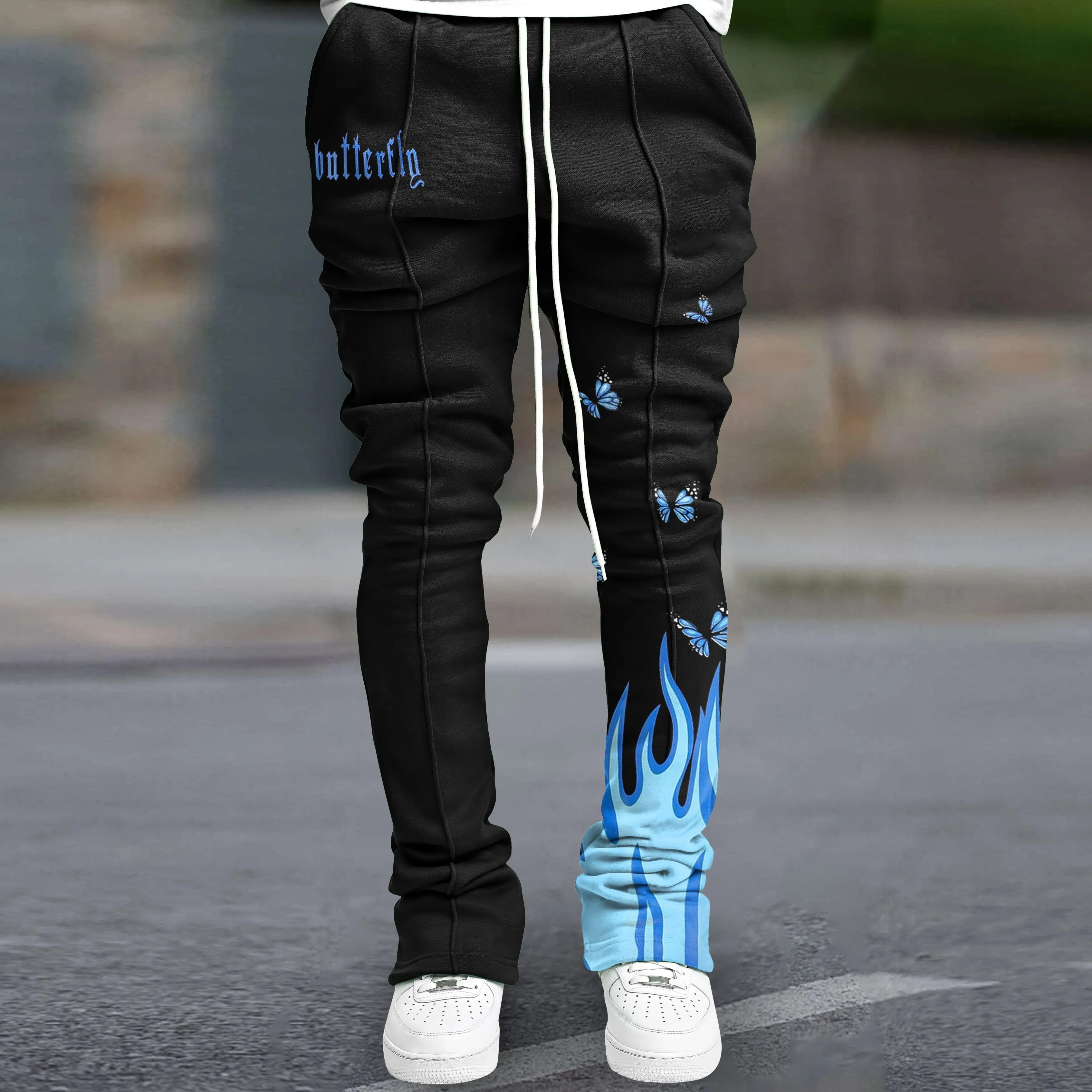 Trendy Flame Butterfly Print Slim Hip Hop Flared Pants