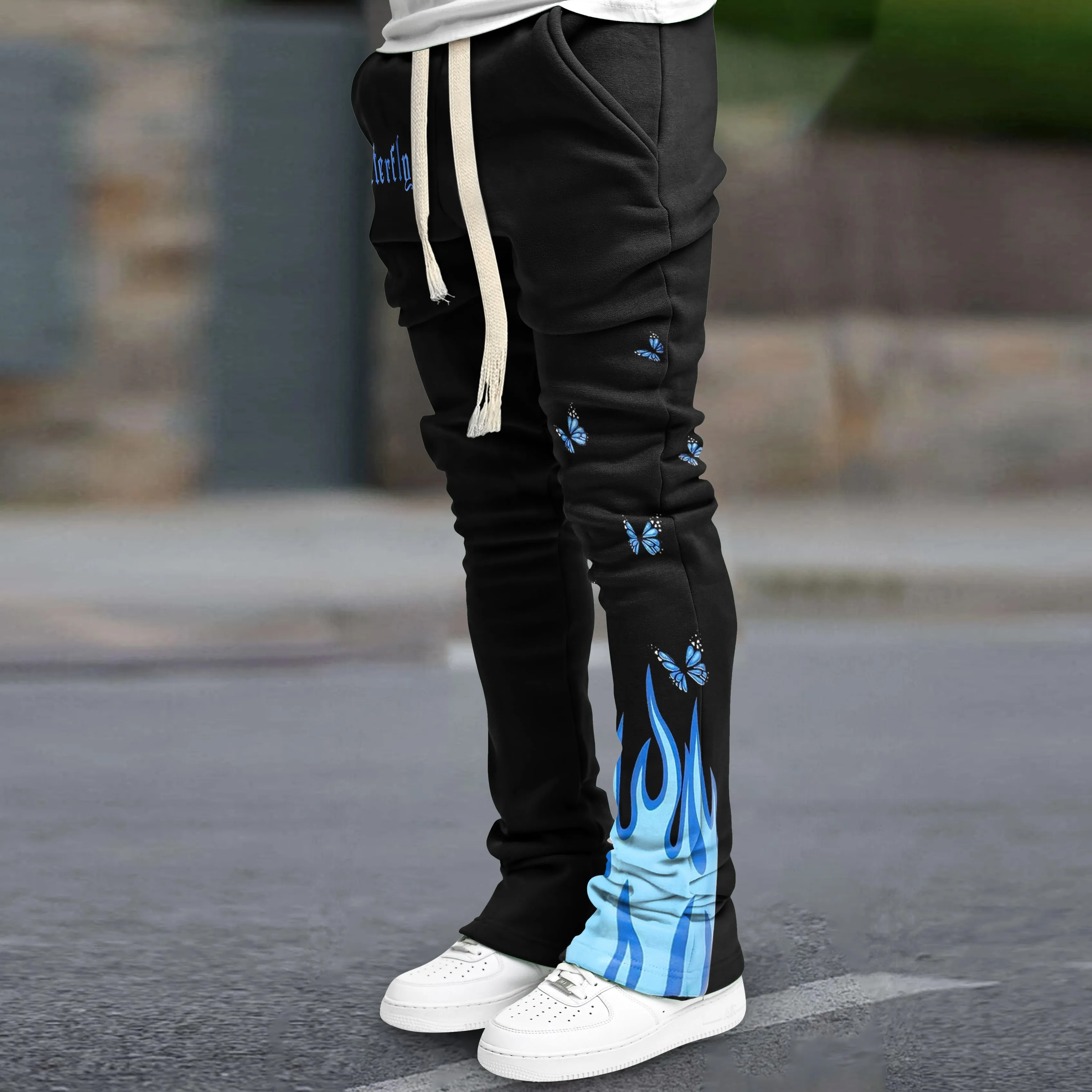Trendy Flame Butterfly Print Slim Hip Hop Flared Pants