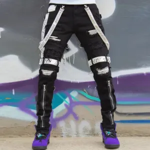 Trendy webbing jeans with ripped feet and zipper slim trousers