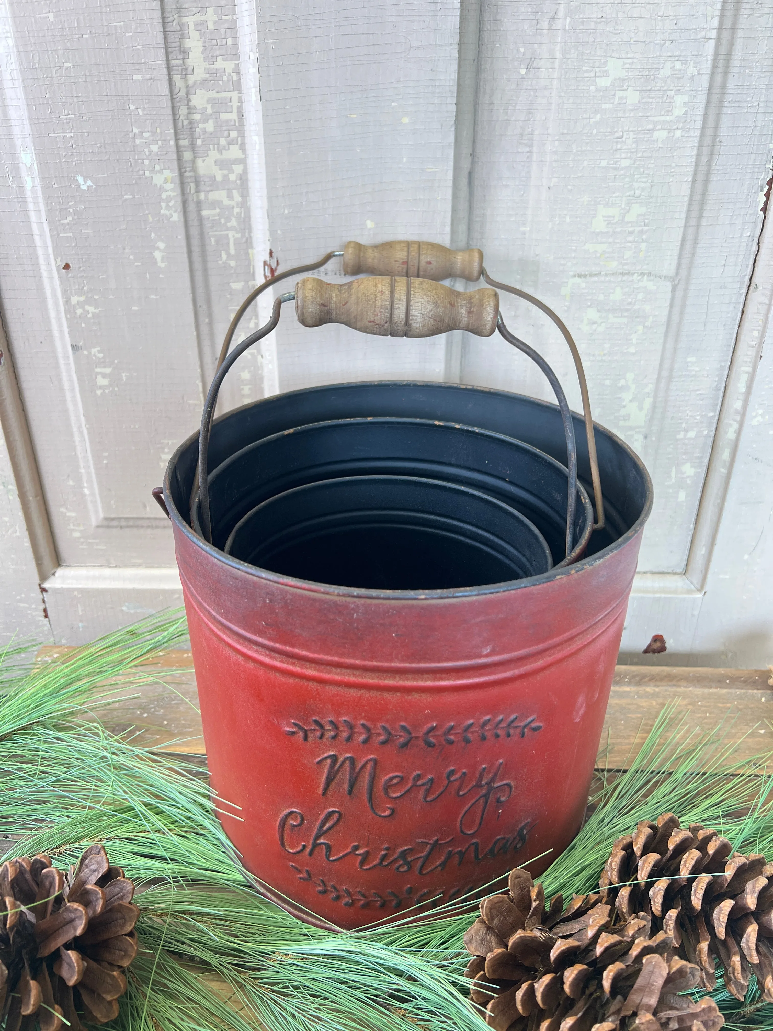 Trio of Red Merry Christmas Buckets