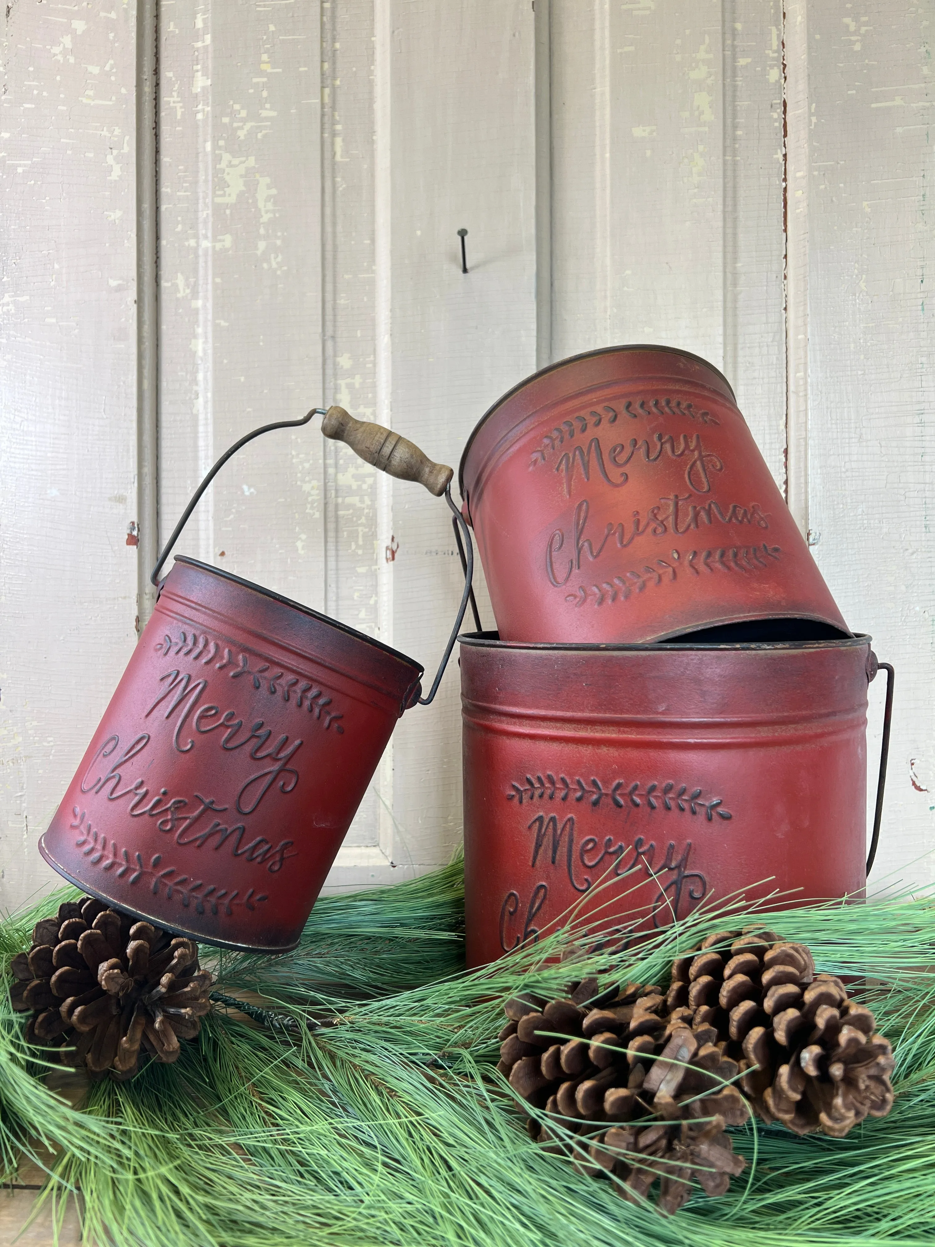 Trio of Red Merry Christmas Buckets