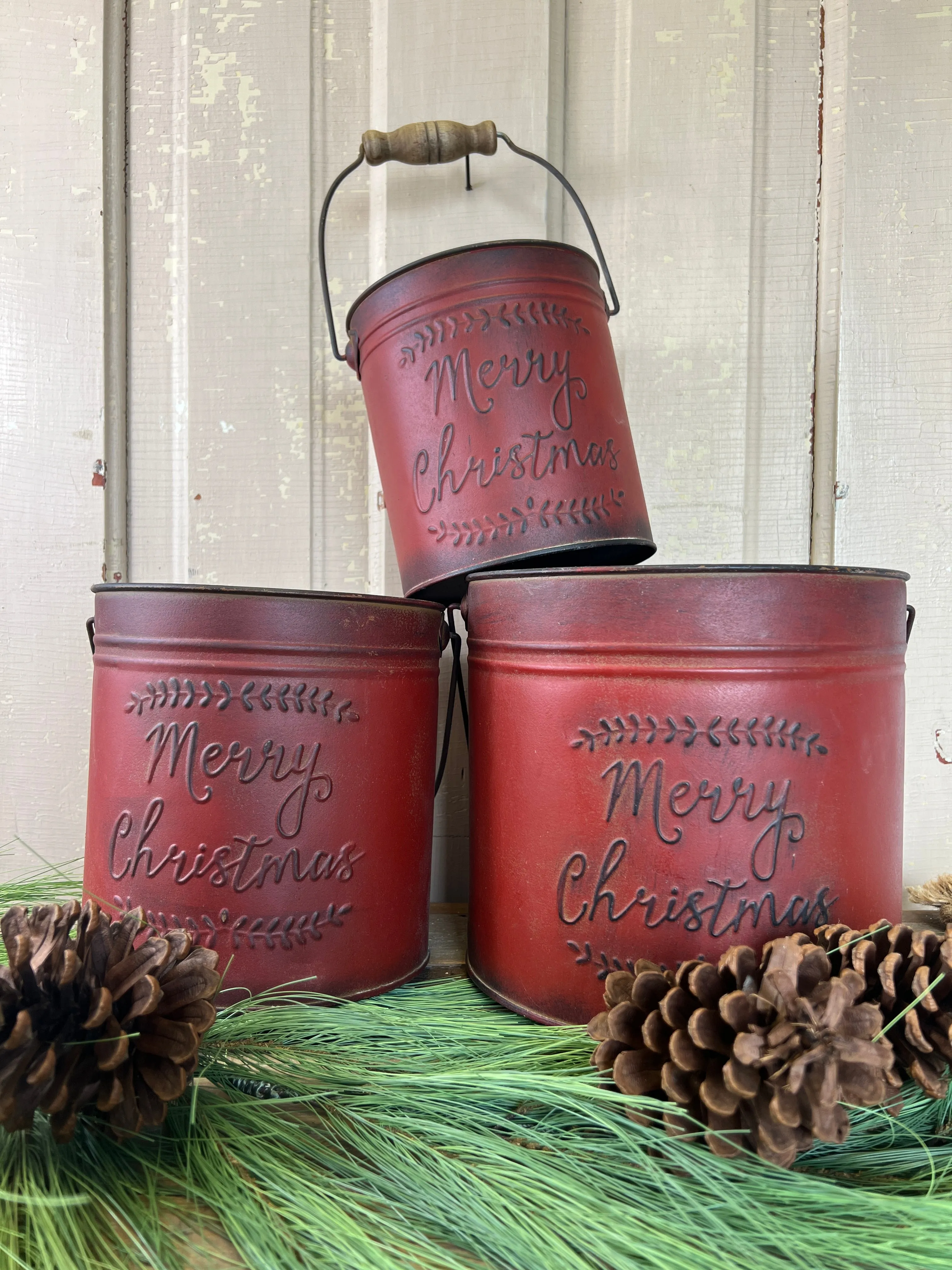 Trio of Red Merry Christmas Buckets