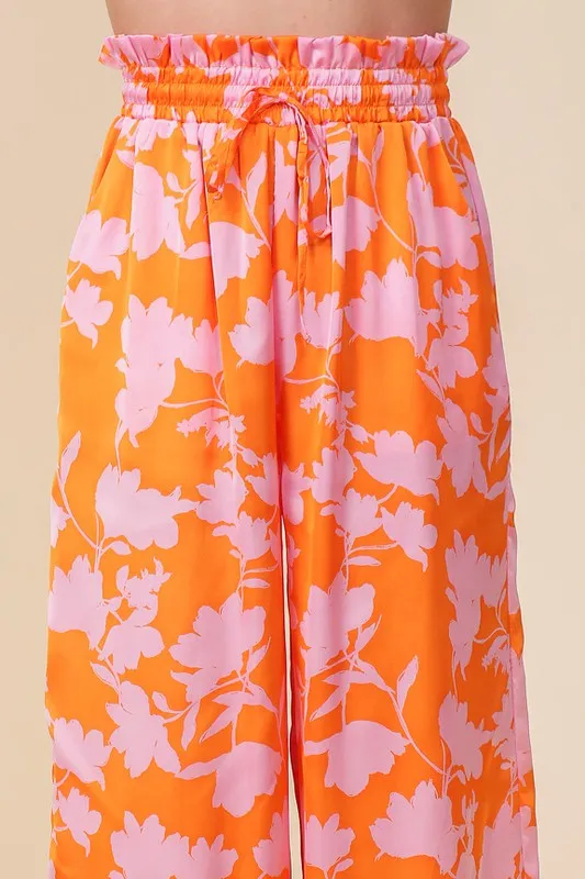 Tropical Print Wide Pants With Self Tie Drawstring