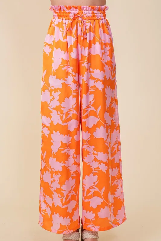Tropical Print Wide Pants With Self Tie Drawstring