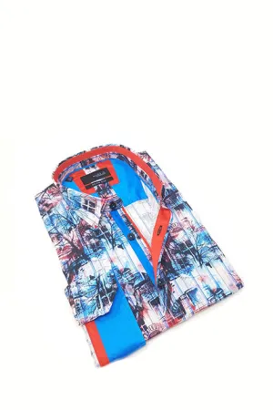 Turquoise Scenery Print Button Down Shirt W/ Trim