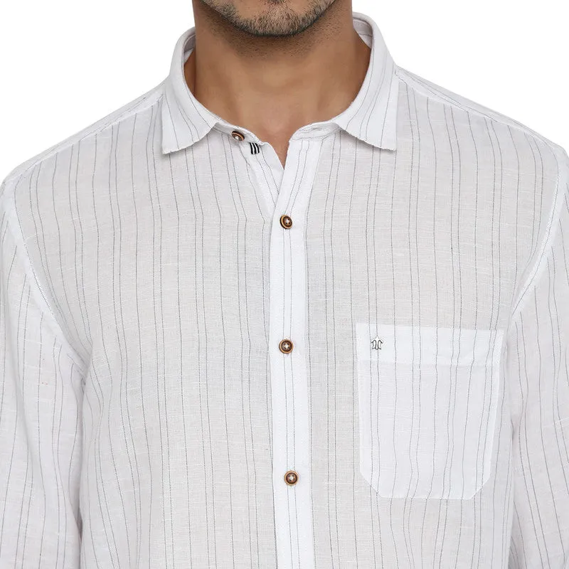 Turtle Men Cotton Linen White Striped Slim Fit Shirts