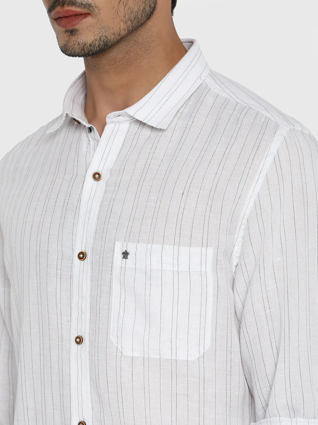 Turtle Men Cotton Linen White Striped Slim Fit Shirts