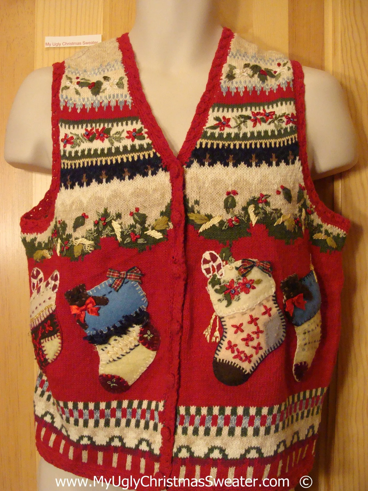 Two Sided Festive Christmas Sweater Vest with Stockings