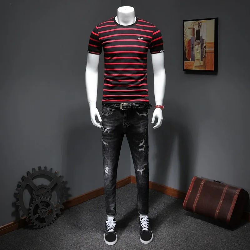 Two-tone Horizontal Lines Pattern Printed T-Shirt