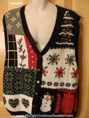 Ugly Christmas Sweater Vest with Corny Hearts and Snowflakes