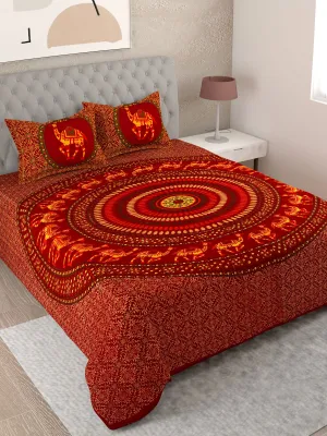 UniqChoice Brown Color 100% Cotton Badmeri Printed King Size Bedsheet With 2 Pillow Cover(D-2008NBrown)