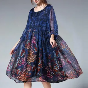 Unique Blue Print Tunic Pattern O Neck Cinched Plus Size Summer Dresses
