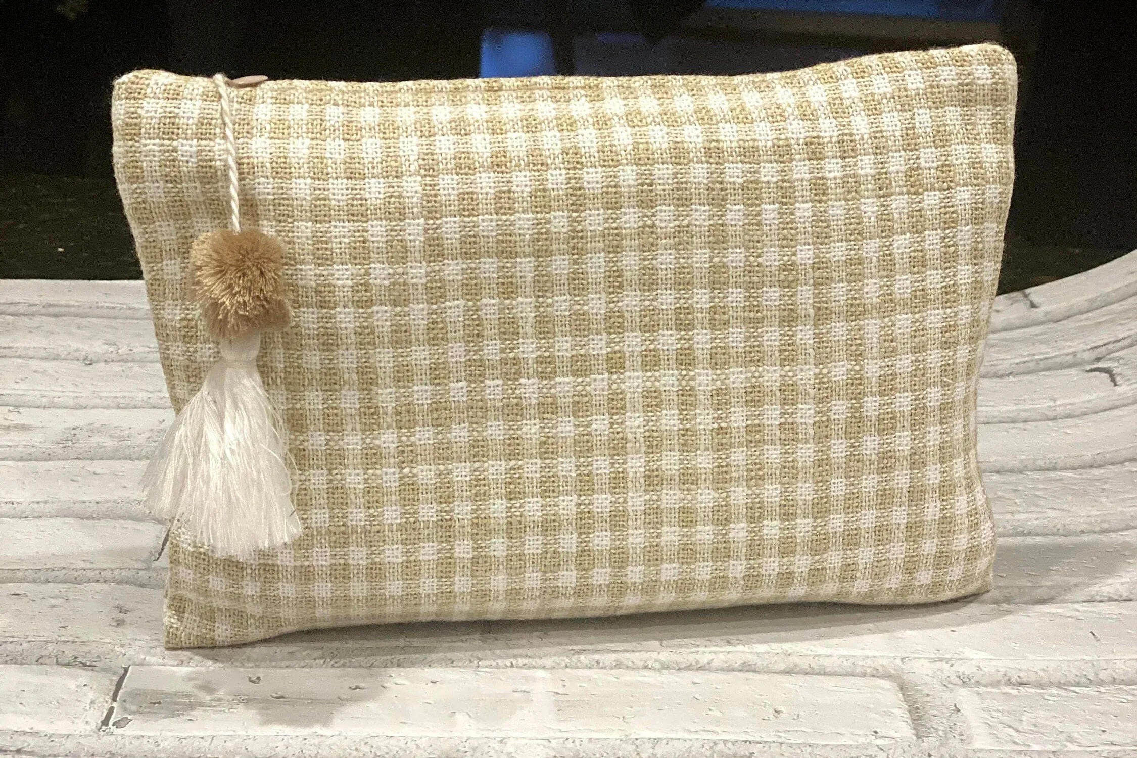 Unique Boho Make Up Bag, Linen Toiletry Bag, Beige and White Cosmetic Bag, Unique Gift Women. Bridesmaid Gift, Zipper Pouch