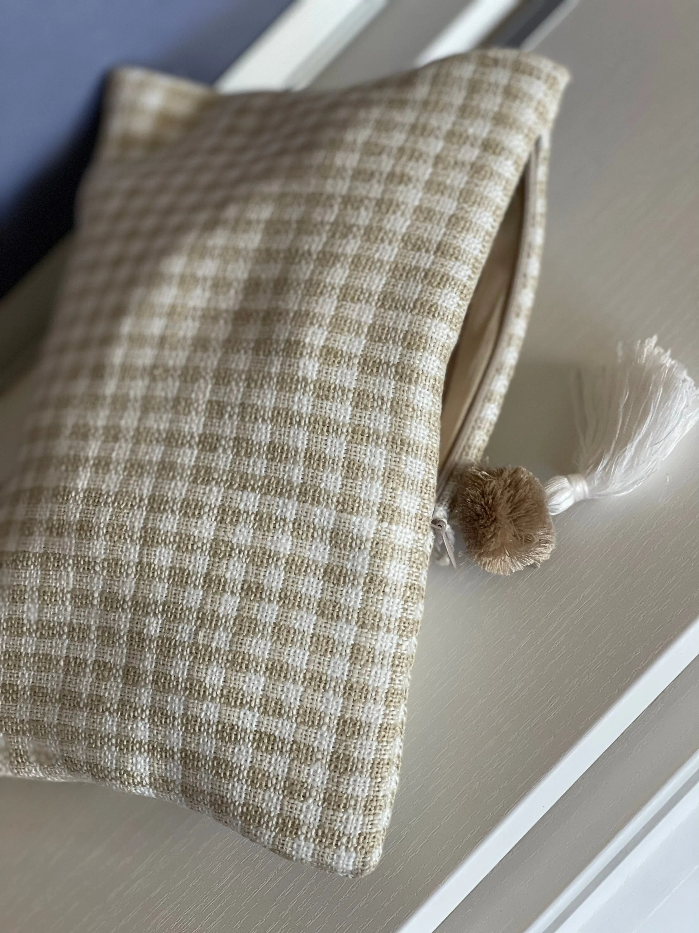Unique Boho Make Up Bag, Linen Toiletry Bag, Beige and White Cosmetic Bag, Unique Gift Women. Bridesmaid Gift, Zipper Pouch
