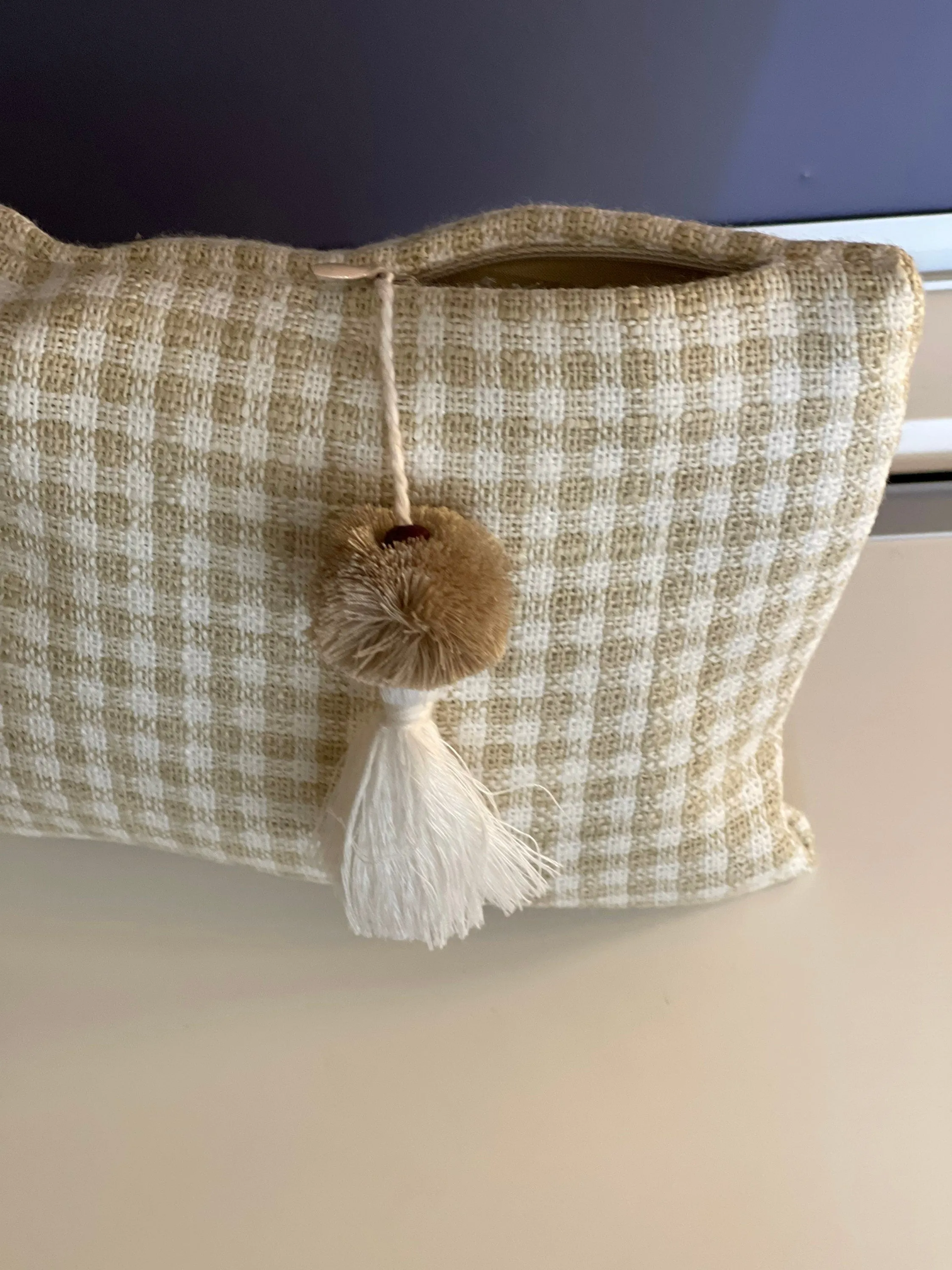 Unique Boho Make Up Bag, Linen Toiletry Bag, Beige and White Cosmetic Bag, Unique Gift Women. Bridesmaid Gift, Zipper Pouch