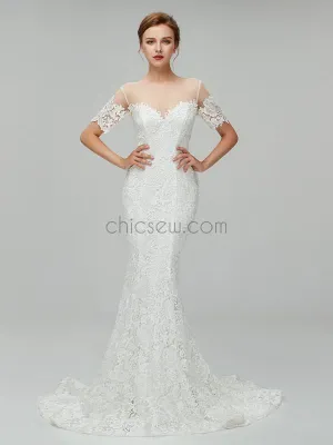 Unique Short Sleeves Lace Mermaid Long Wedding Dresses XDM1107