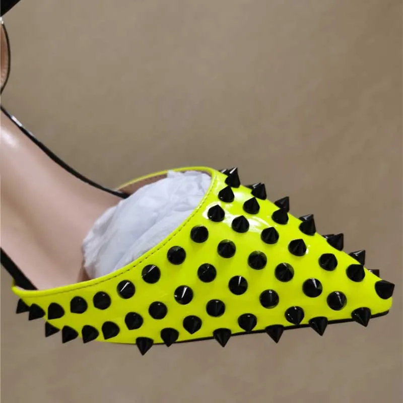 Unique Spiked Neon Yellow Pointed Toe High Heel Shoes with Ankle Straps