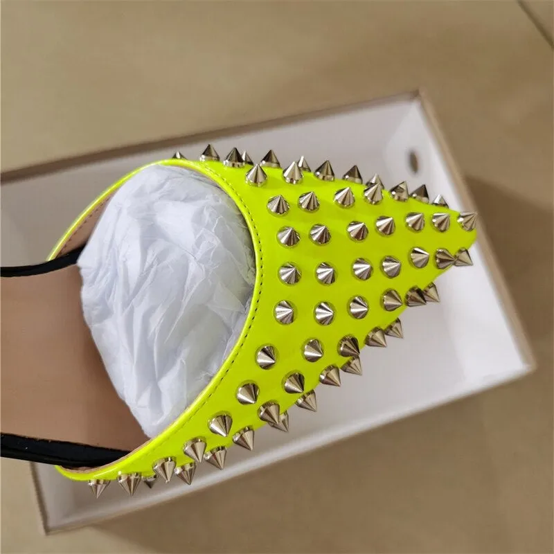 Unique Spiked Neon Yellow Pointed Toe High Heel Shoes with Ankle Straps