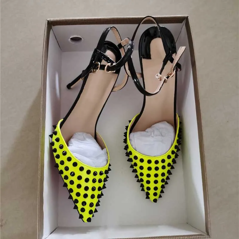 Unique Spiked Neon Yellow Pointed Toe High Heel Shoes with Ankle Straps