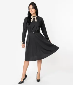 Unique Vintage 1950s Style Black & Tan Dotted High Neck Vandella Swing Dress