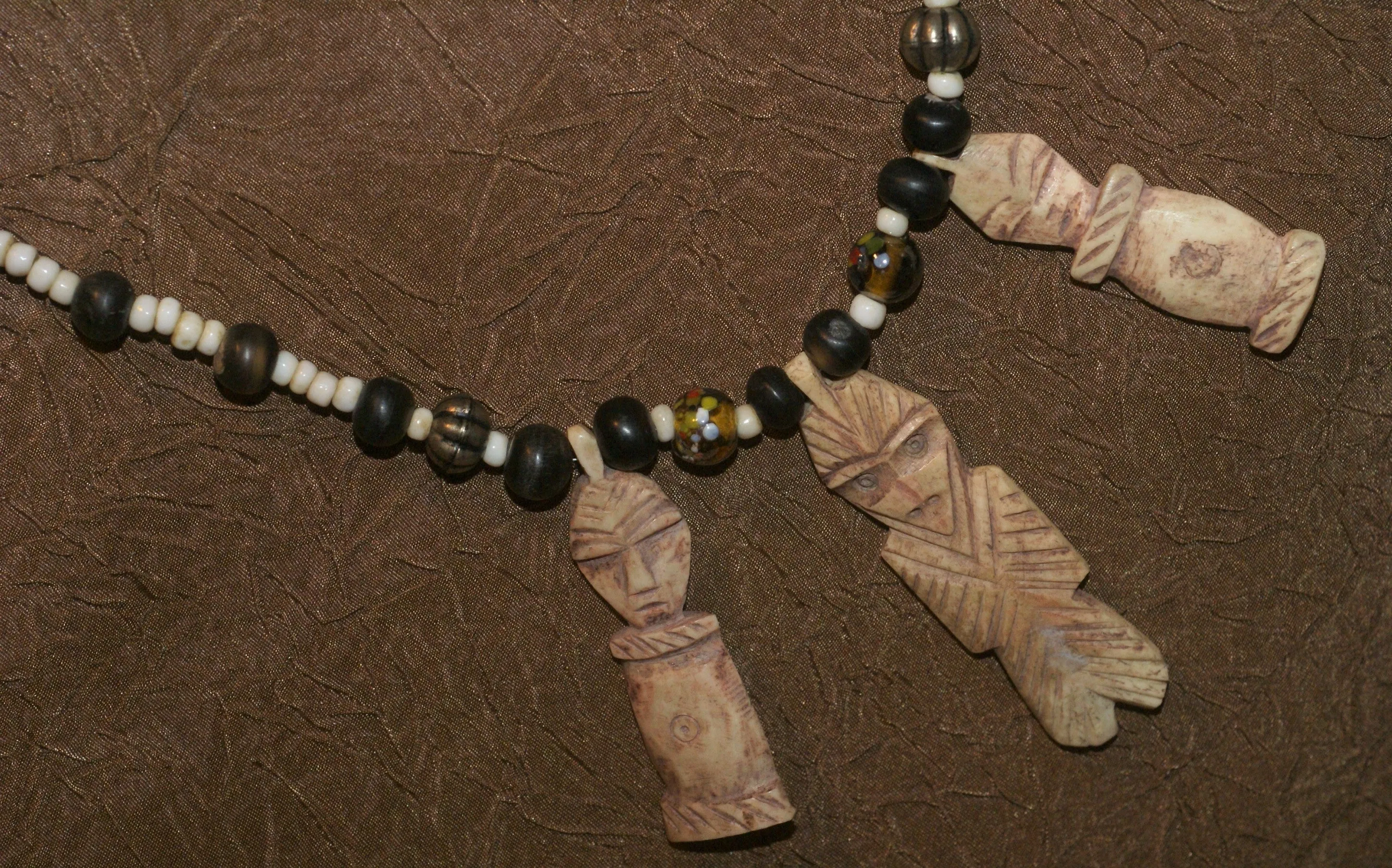 Unique Vintage Hand crafted Ethnic Glass Trade & Metal Beads Necklace with 3 Asian Buffalo Bone Hand Carved Pendants of Protective Ancestor Effigies, Borneo, Indonesia NECK27  1 Flapper Coconut necklace.