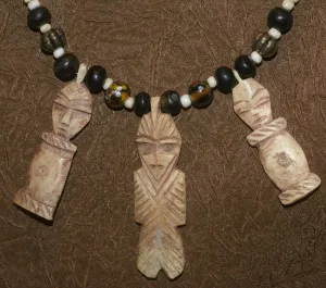 Unique Vintage Hand crafted Ethnic Glass Trade & Metal Beads Necklace with 3 Asian Buffalo Bone Hand Carved Pendants of Protective Ancestor Effigies, Borneo, Indonesia NECK27  1 Flapper Coconut necklace.