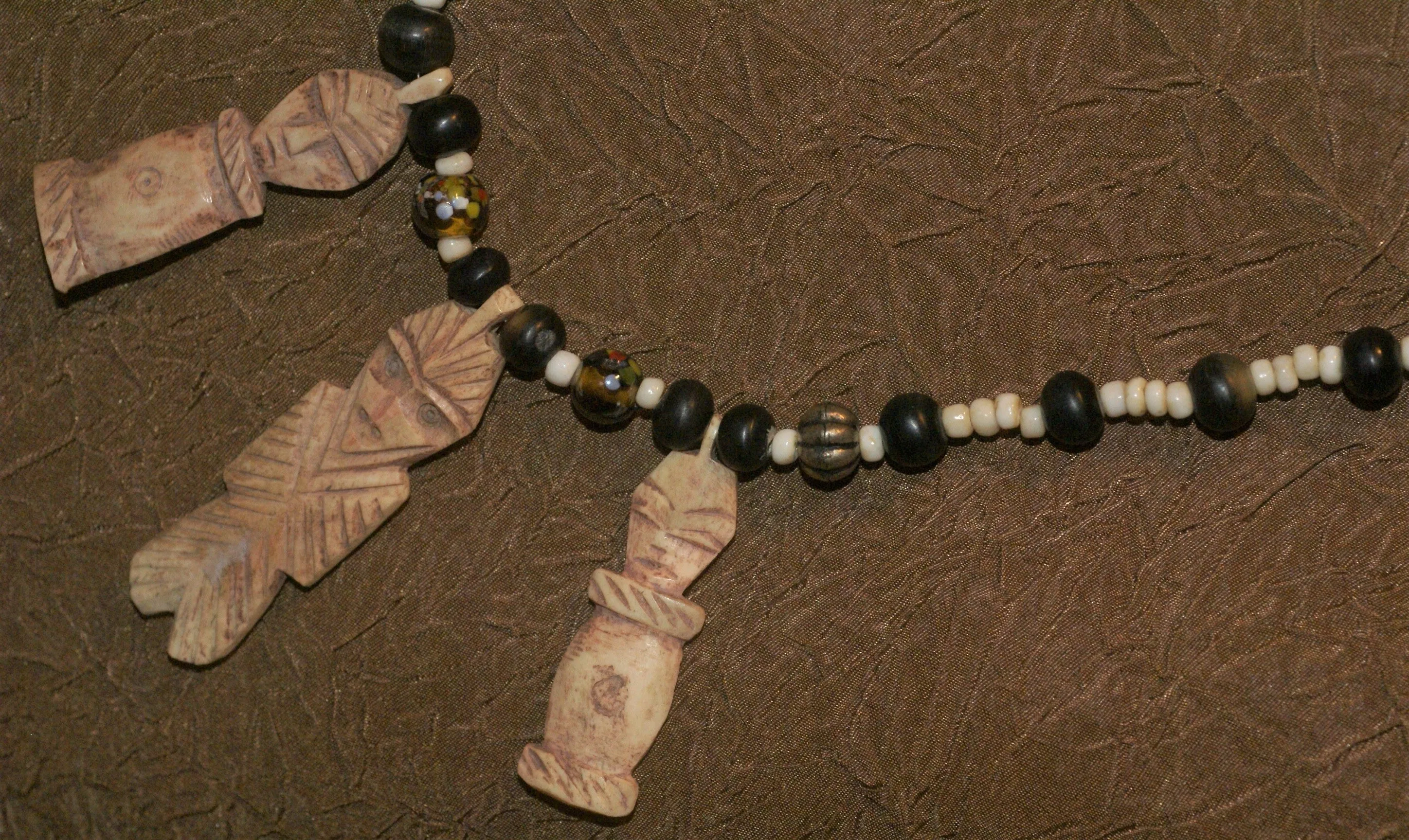 Unique Vintage Hand crafted Ethnic Glass Trade & Metal Beads Necklace with 3 Asian Buffalo Bone Hand Carved Pendants of Protective Ancestor Effigies, Borneo, Indonesia NECK27  1 Flapper Coconut necklace.